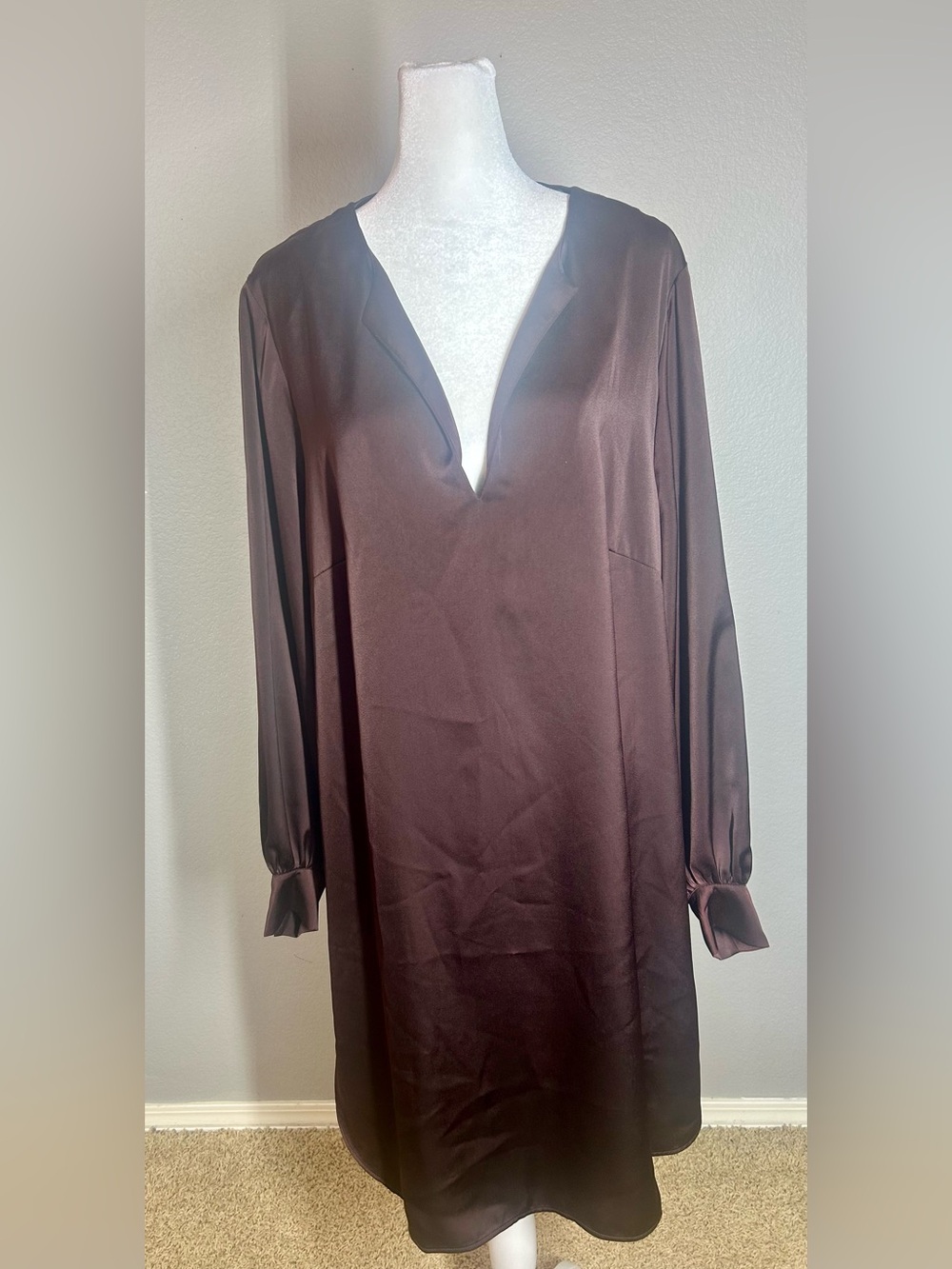 H&M Dark Chocolate Brown Satin Like Oversized Shirt Tunic Dress Blouson Sleeve L - Picture 2 of 13